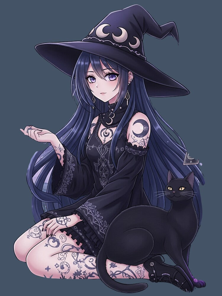 Dark Fantasy Anime Girl & Gothic Black Cat Art by RehanInkDesigns
