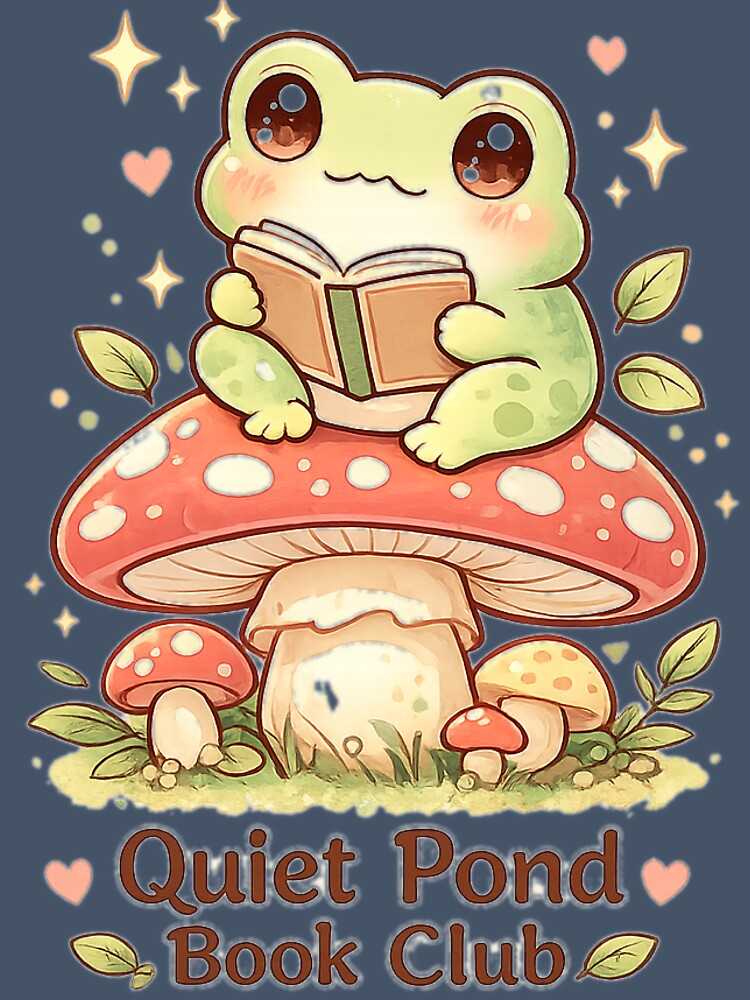 Quiet Pond Book Club – Cute Frog Reading on Mushroom by MotylekAnia