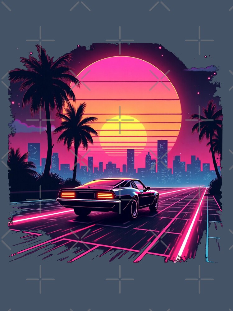 Retro 80s Synthwave T-Shirt – Neon Sunset & Futuristic Car Design by Madustoks