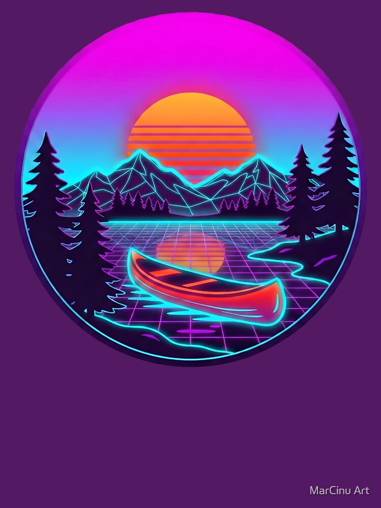 Neon Wilderness Canoe - Retro 80s Synthwave Sunset Aesthetic by MarCinu Art
