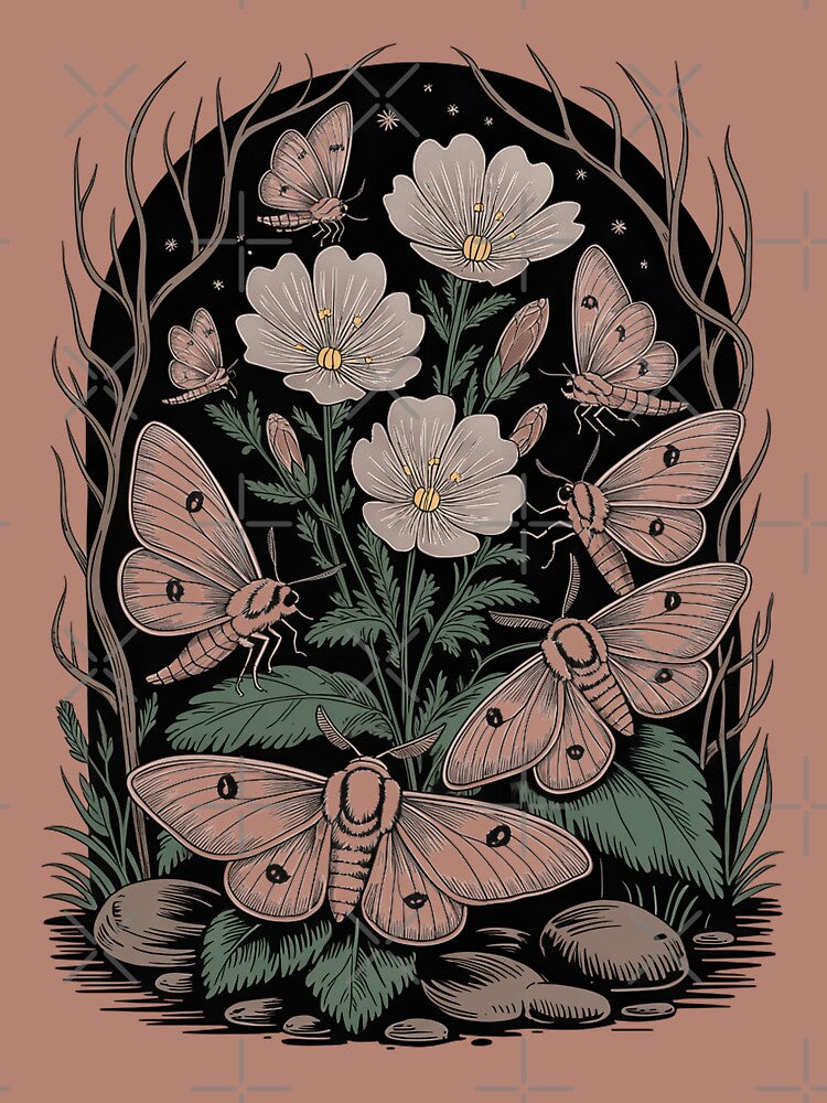 White Moths & Flowers Gothic Botanical Arch Art by NuvoraNest