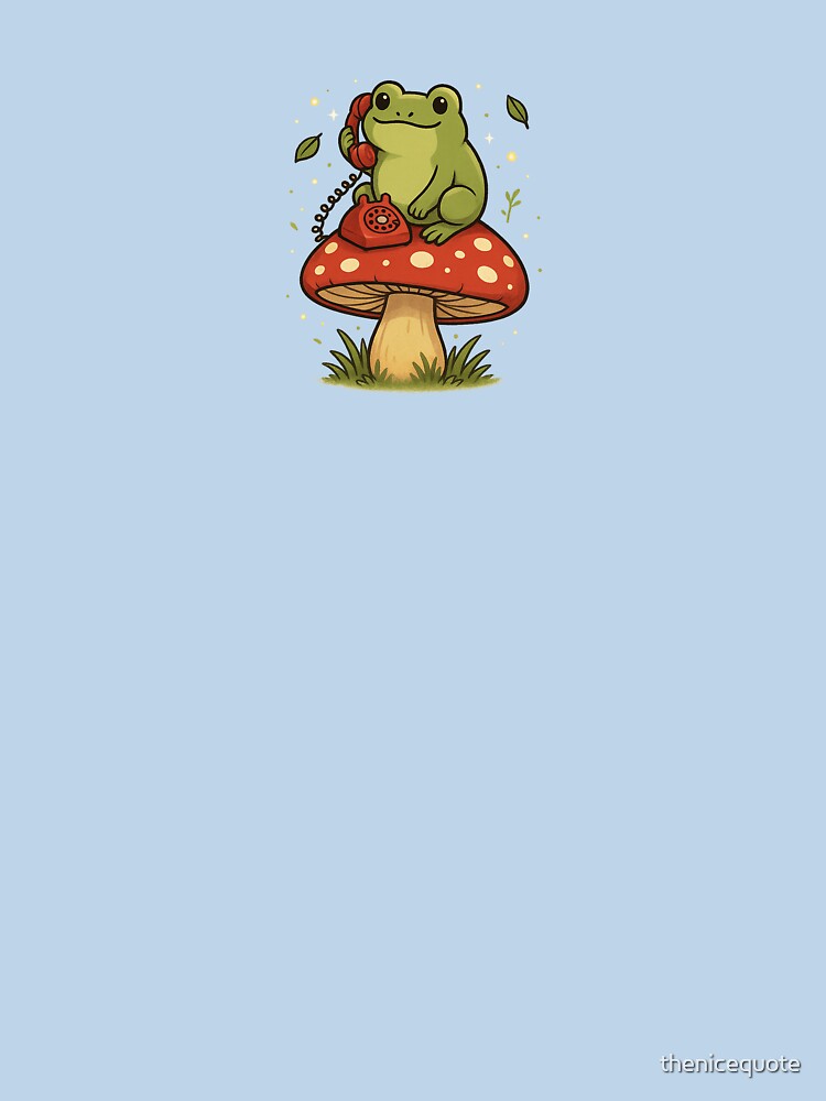 Frog on a Mushroom Call – Cute Whimsical Nature Art by thenicequote