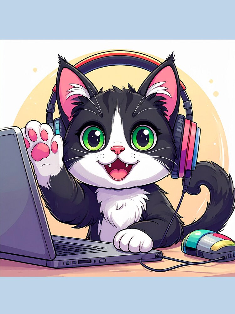 Cute Black Cat Working from Home on Laptop Remote Worker Sticker by OksArtStudio