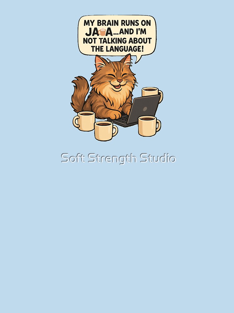 Funny Coding Cat with Coffee – Maine Coon Developer Life by Soft Strength Studio