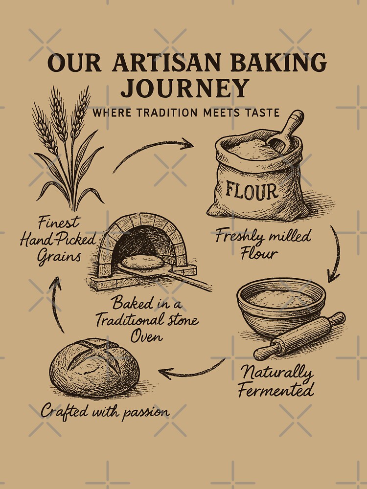 Artisan Baking Journey Design with Hand-Drawn Breadmaking Steps and Traditional Oven Illustration by SplashTastic