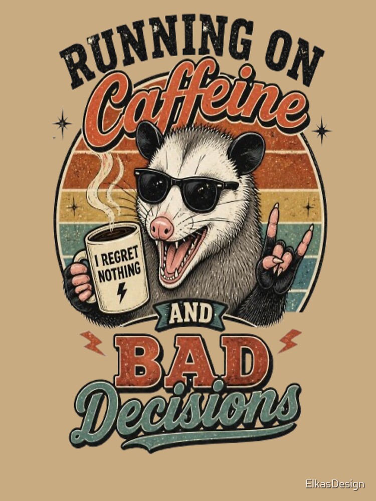 Running On Caffeine And Bad Decisions Funny Opossum Retro Sunset by ElkasDesign