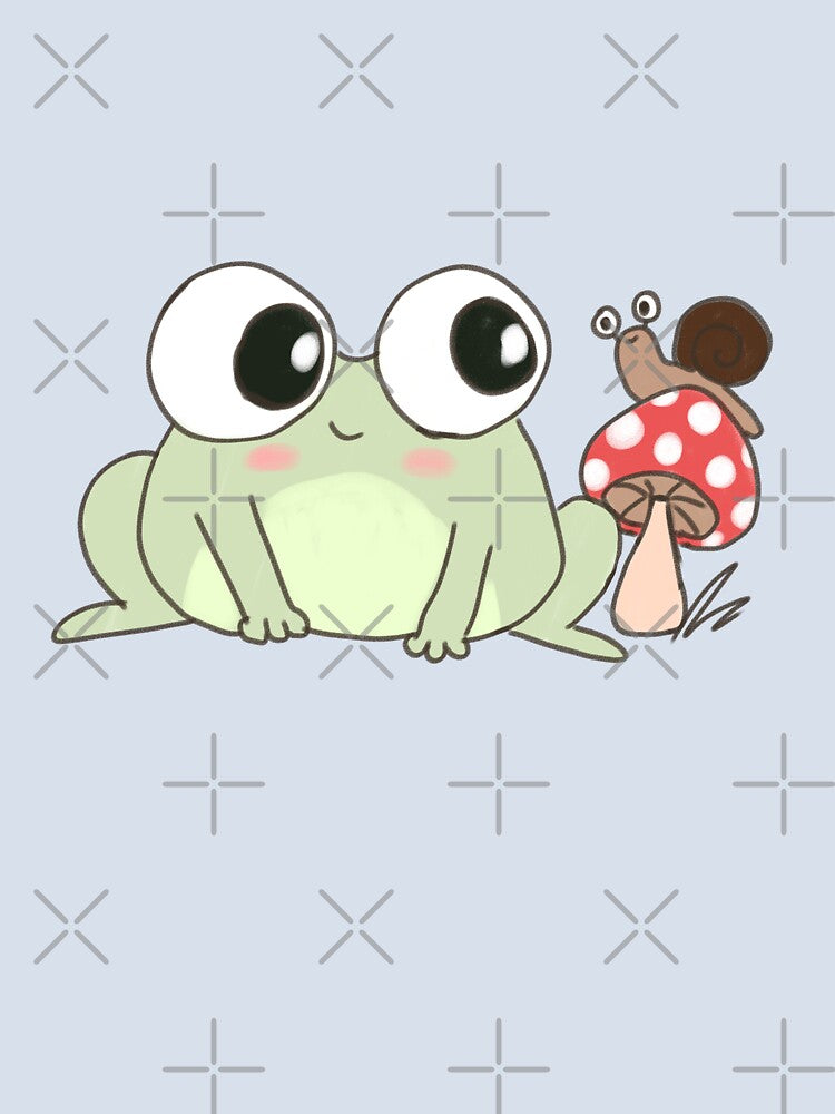 Cute cartoon frog with a snail friend on a mushroom by Yarafantasyart