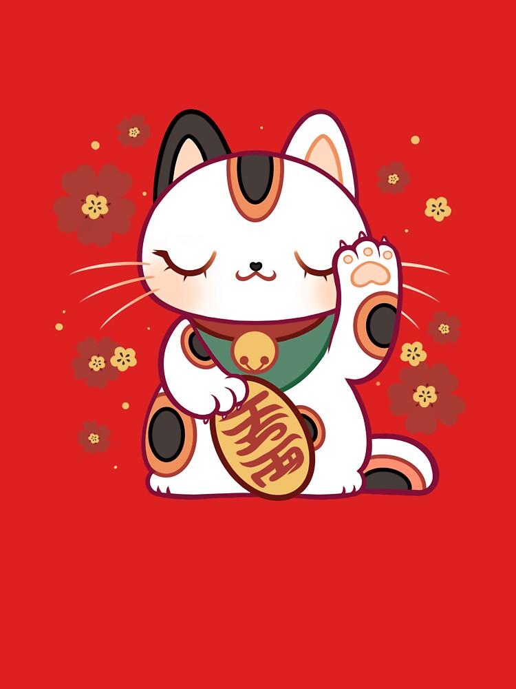 Kawaii Chonky Lucky Cat Calico with Cherry blossoms by mahkala