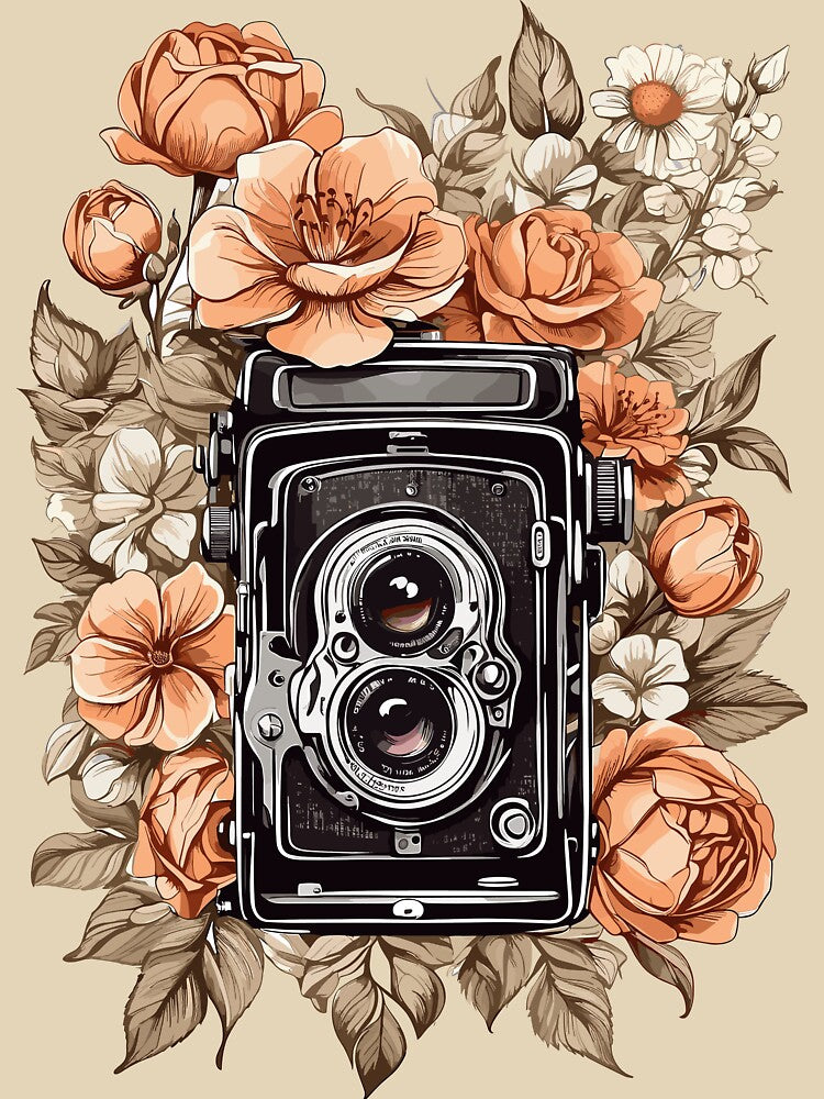 Retro and Vintage Camera Surrounded by Flowers by KesslerMerch