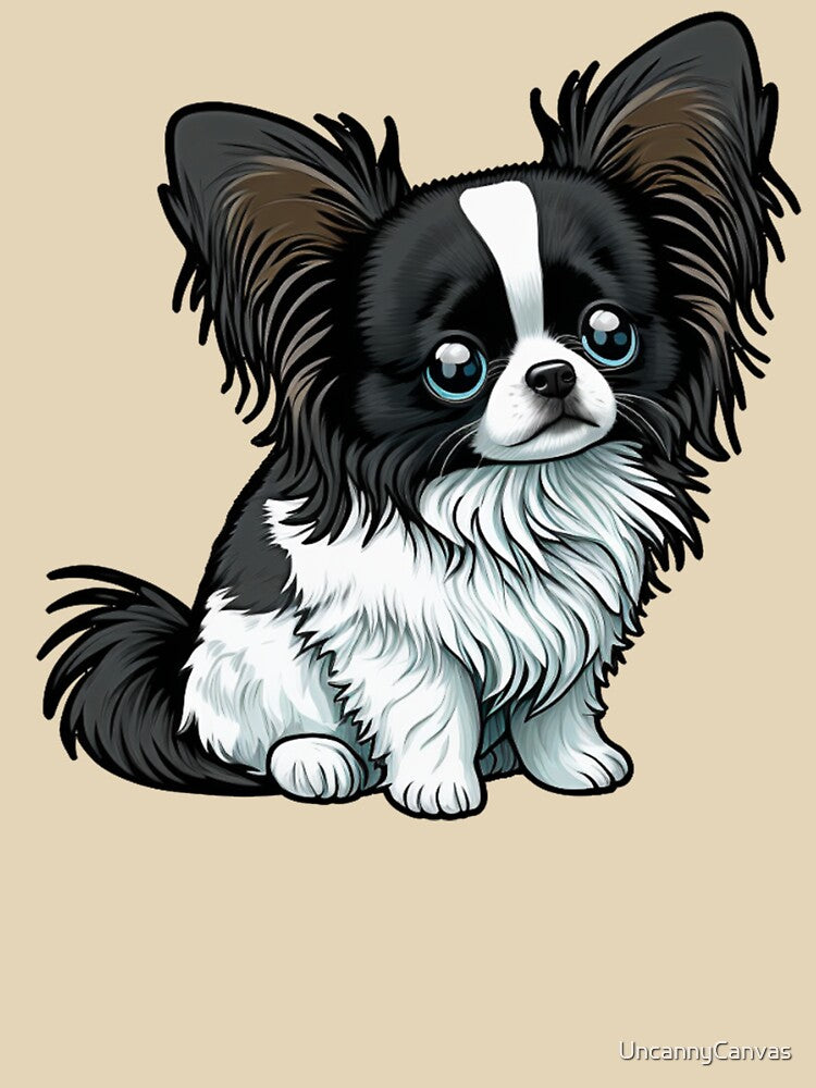 Papillon Dog Puppy - Black and White Fur - Kawaii Cartoon by UncannyCanvas