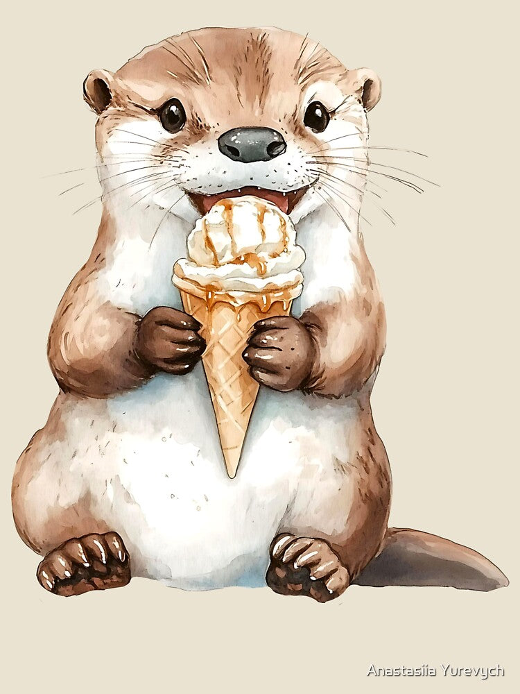 Watercolor otter holding ice cream cone. Cute otter eating ice cream in watercolor style by Anastasiia Yurevych