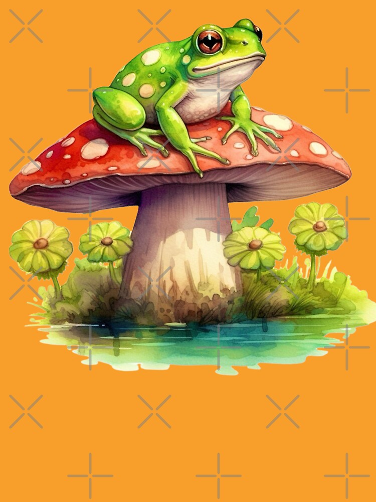 Frog Sitting on Top of Mushroom by Myra365Art
