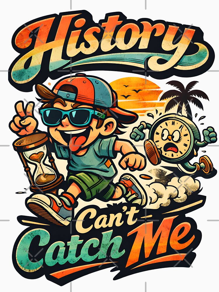 History Can't Catch Me Retro Pop Aesthetic - Funny Time Travel Satire Art - Vintage 90s Nostalgia Motivational Graphic for Streetwear & Posters - Summerween Beach Sunset Glitch Core Design by Vivaan Studio