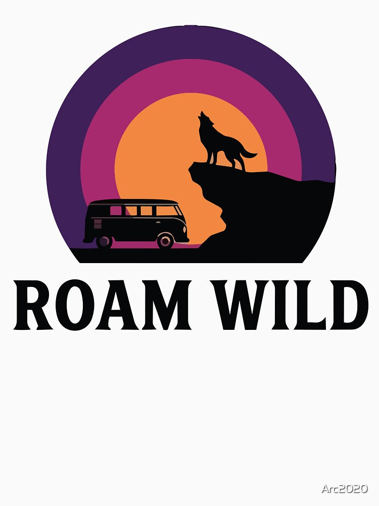 Roam Wild - Wolf & Camper Van Cliffside Retro Sunset Circle Banner by Arc2020