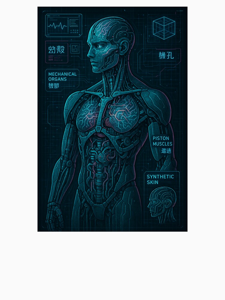 Neo-Tokyo Cyborg Mechanical Anatomy Blueprint Cyberpunk Poster by GeniePixel