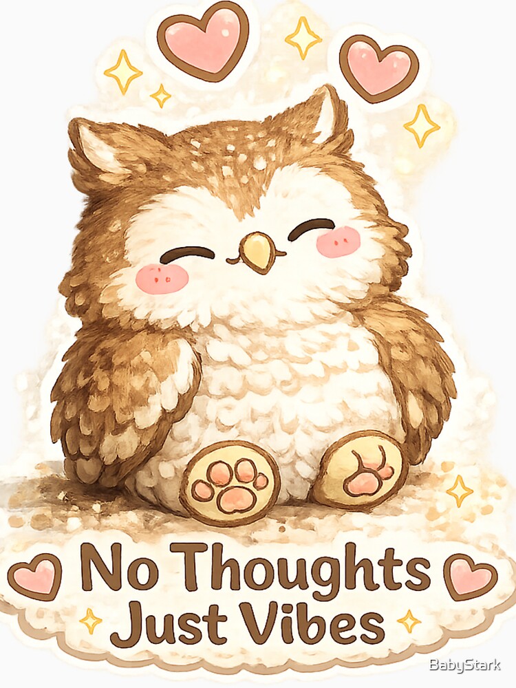 No Thoughts Just Vibes – Cute Owl Aesthetic Illustration by BabyStark