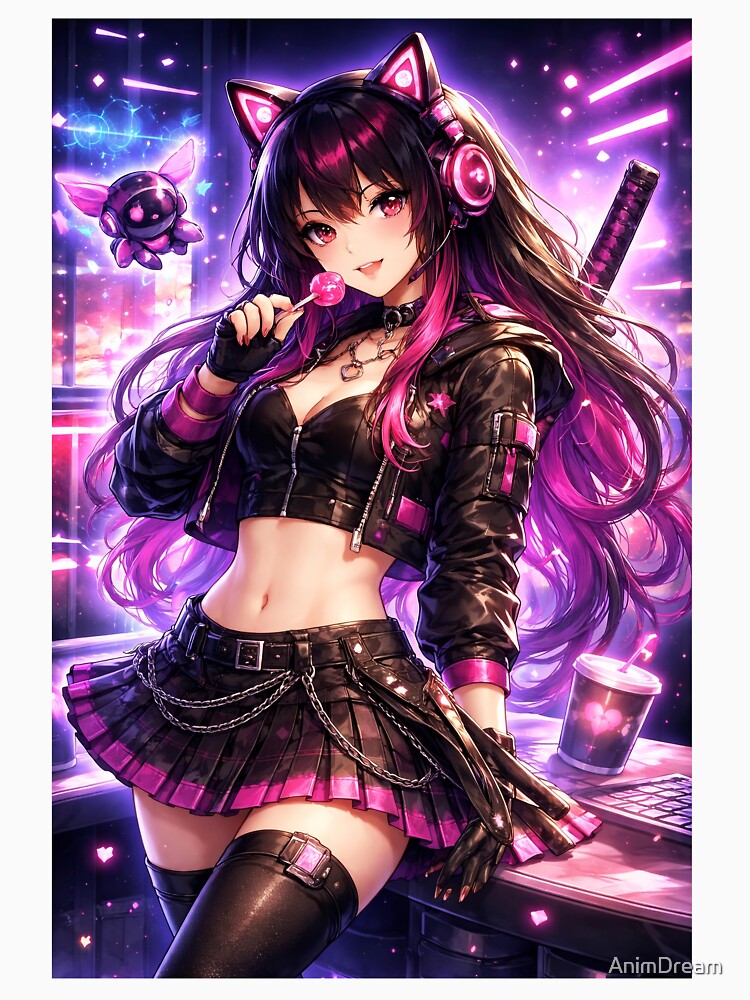 Neon Cyberpunk Catgirl Anime Girl Lollipop Aesthetic by AnimDream