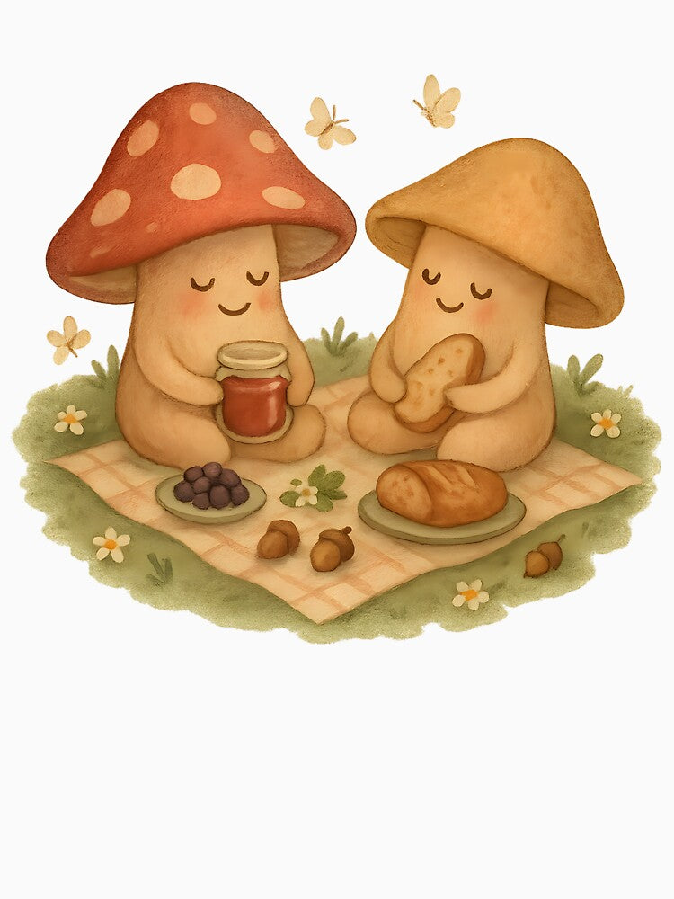 Mushroom Picnic Friends – Cottagecore Nature Art by Blinkwater Designs