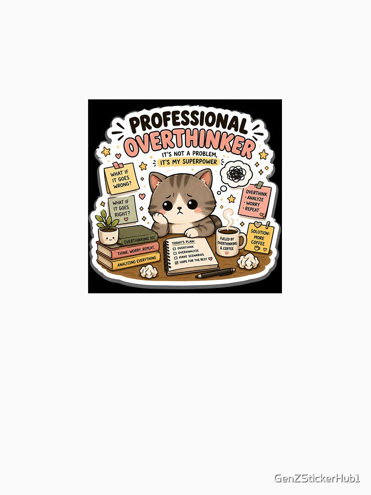 Professional Overthinker Cat Sticker | Funny Anxiety & Overthinking Meme by GenZStickerHub1