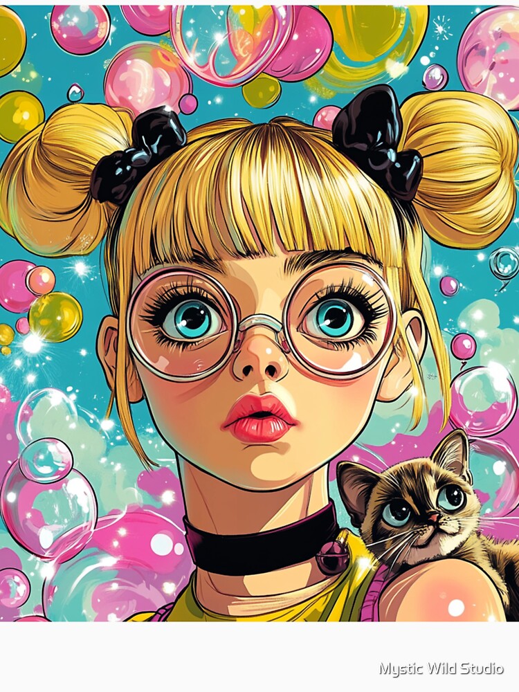 Bubbles powerpuff girls with a cat by Mystic Wild Studio