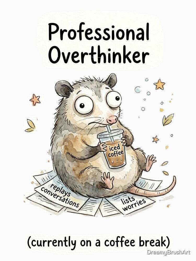 Funny Opossum Professional Overthinker Coffee Meme Sticker by DreamyBrushArt