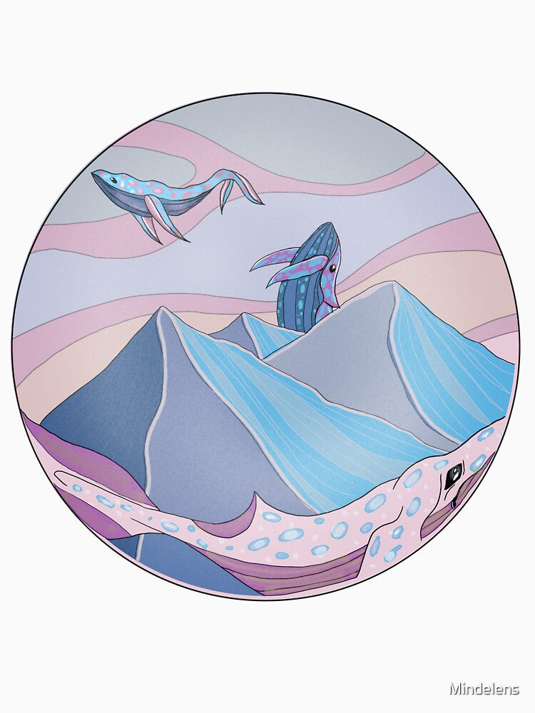 Colorful dreamcore whales above the mountains by Mindelens