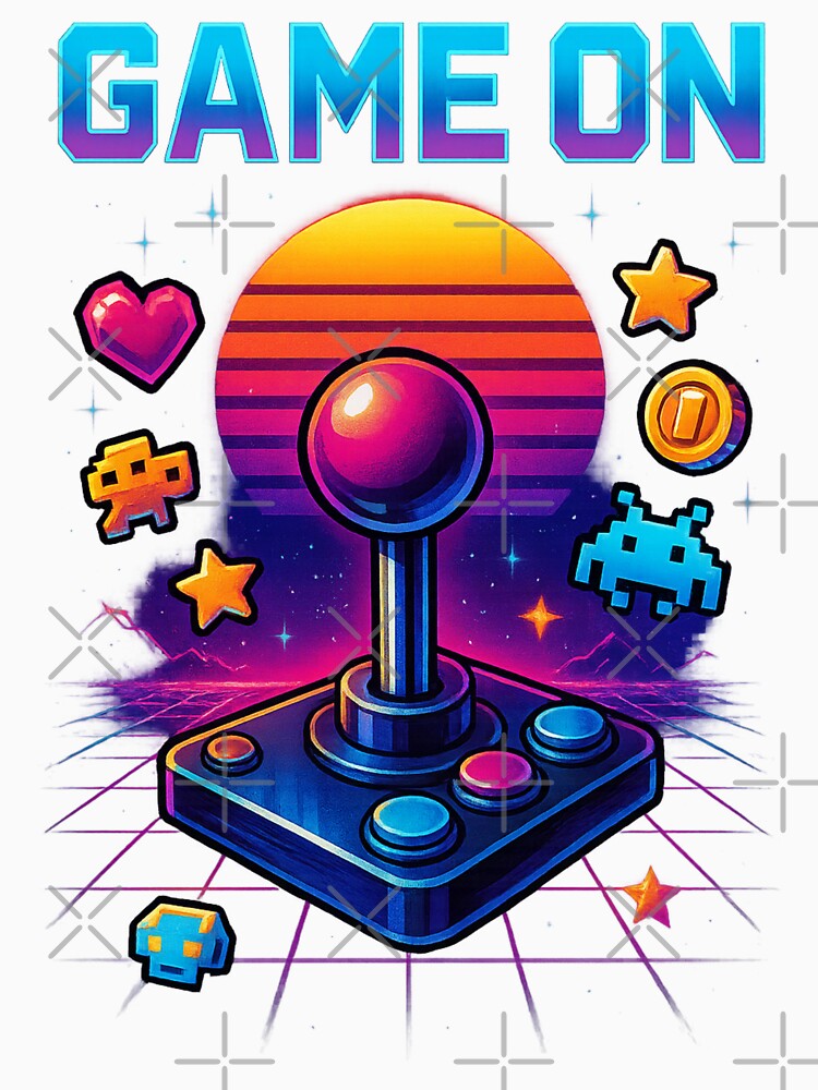 Retro Gaming Synthwave – Pixel Art Sunset with Neon Joystick by Designforyou86