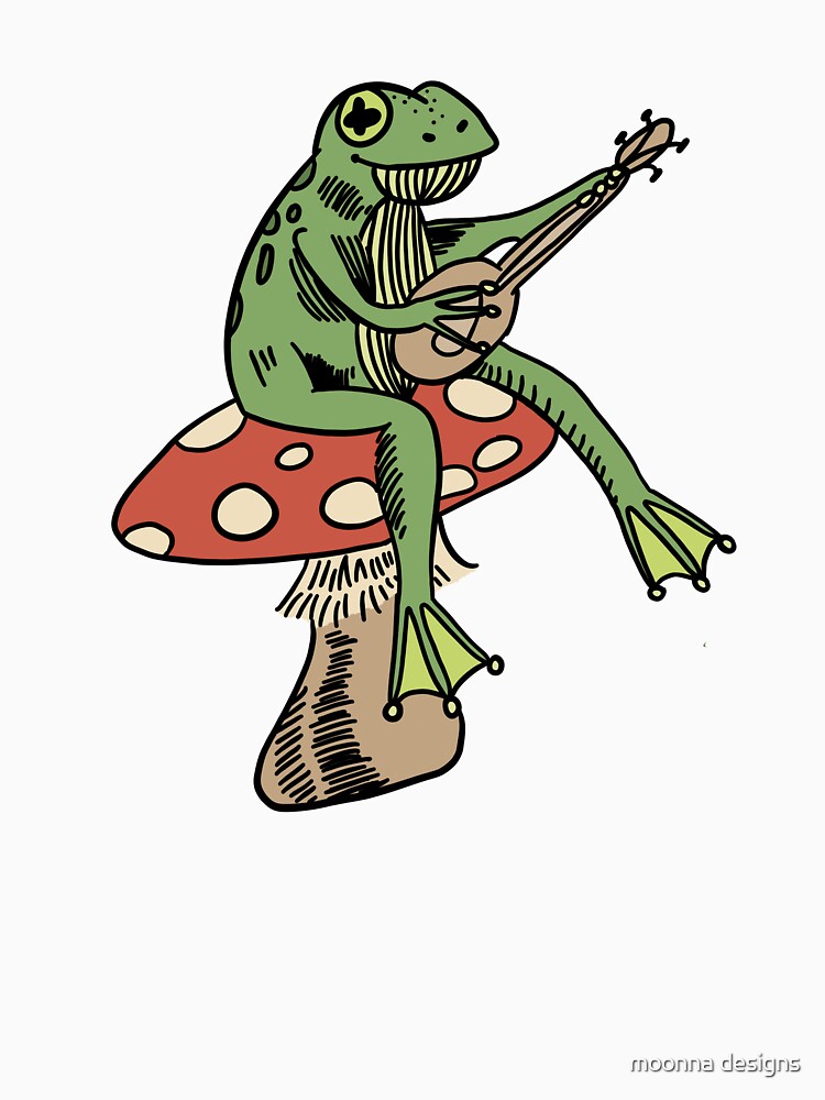 frog sitting on a mushroom playing guitar by moonna designs