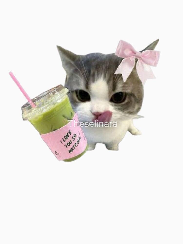 Coquette Aesthetic Cat Drinking Iced Matcha Green Tea by Theselinara