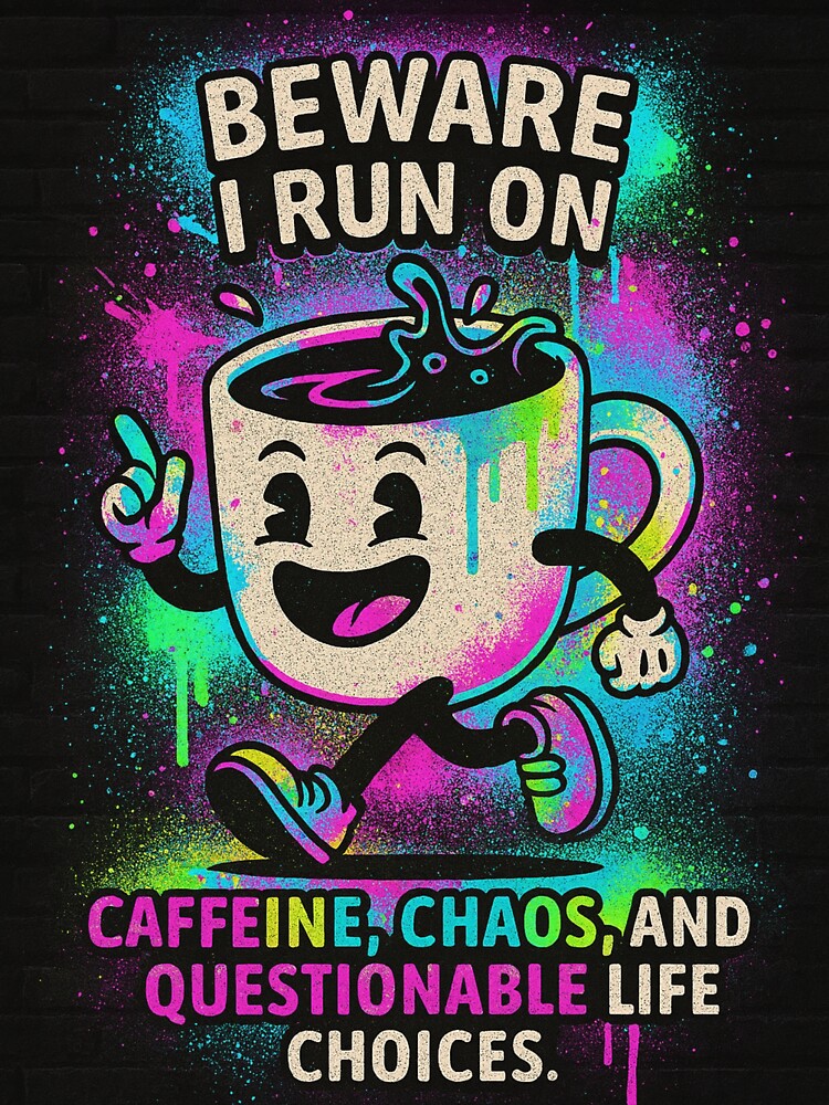 Running on Caffeine, Chaos & Questionable Life Choices – Cartoon Coffee Cup Design by H.C HustleConvention
