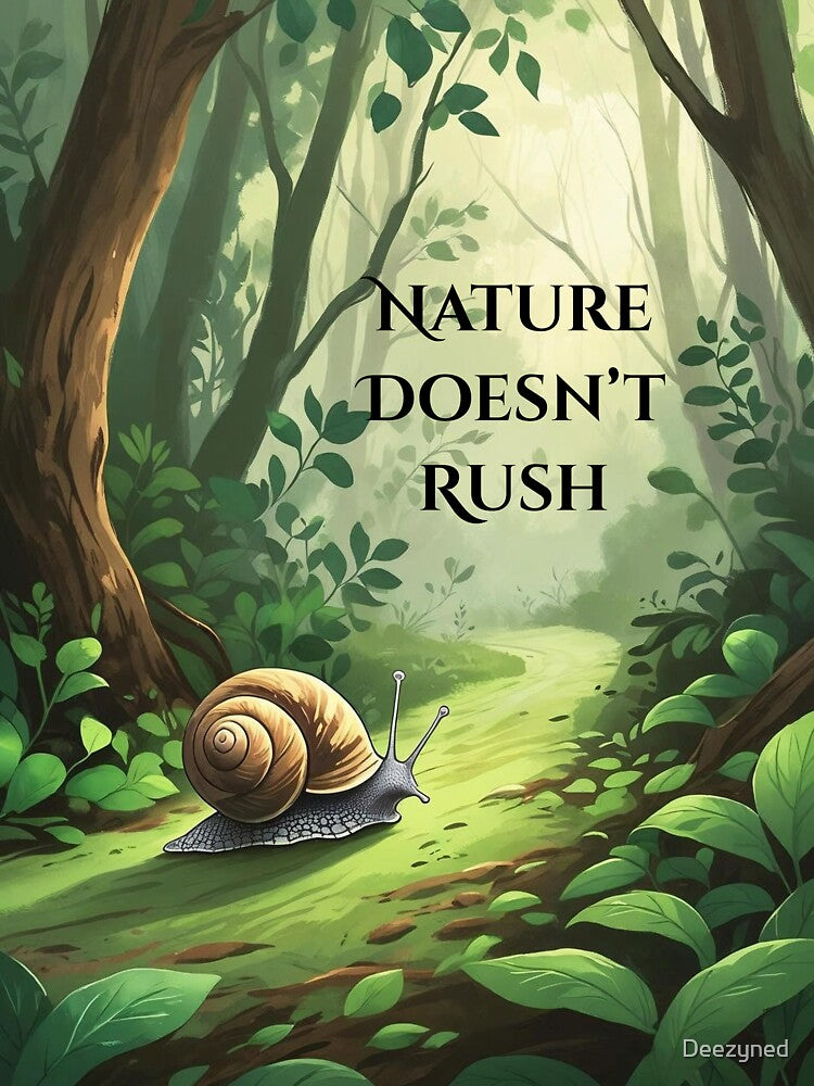 Slow Living Snail Art – “Nature Doesn’t Rush” Calm Forest Illustration by Deezyned