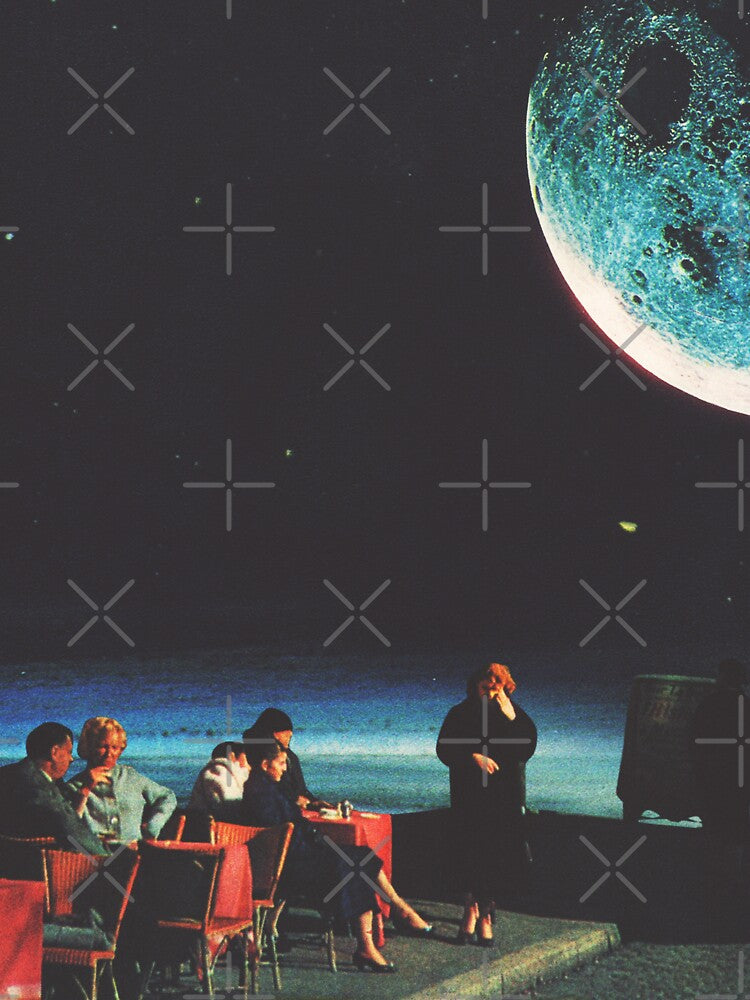 Moonlit Diner,Retro Style Illustration of People Dining Under a Giant Moon by sulton7