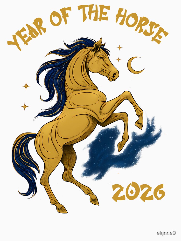 Year of the Horse 2026: Celestial Gold and Blue Zodiac Art by elynne9