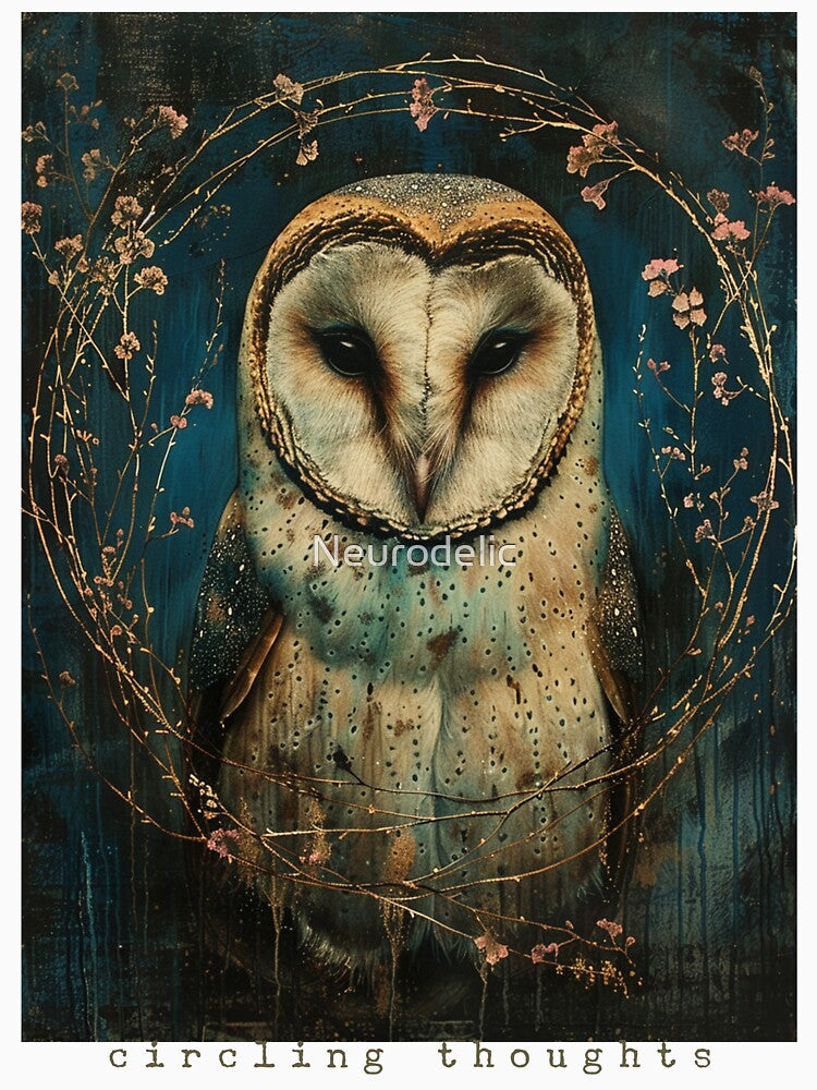 Circling Thoughts – Painterly Owl with Botanical Elements by Neurodelic