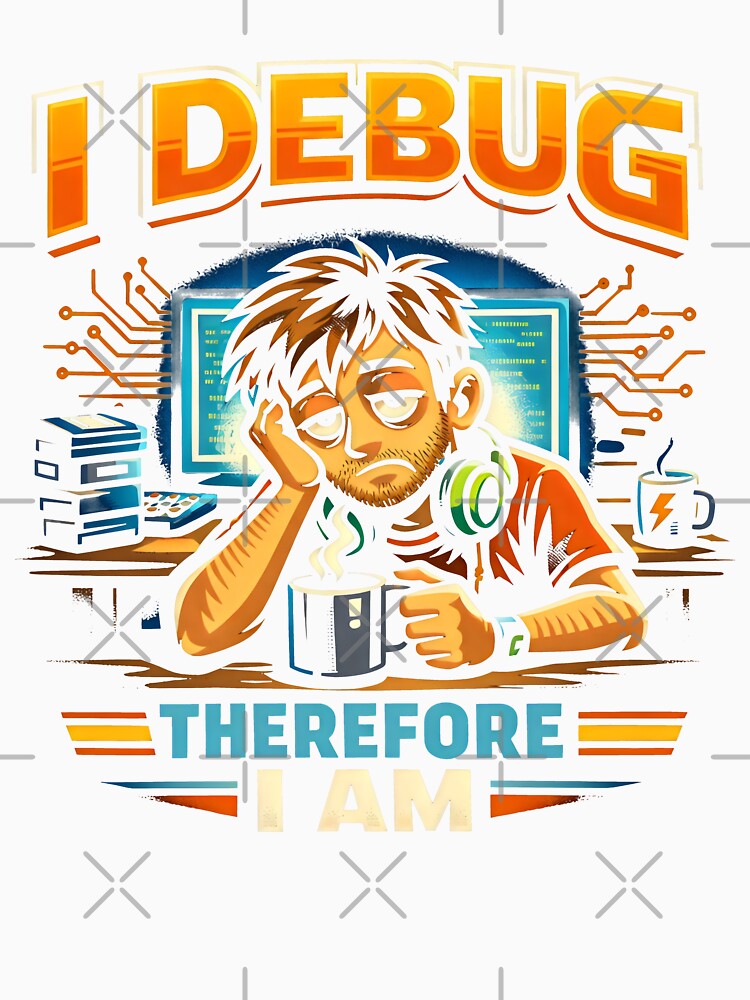 I Debug Therefore I Am Tired Programmer Quote for Tech Humor and Coding by SplashTastic