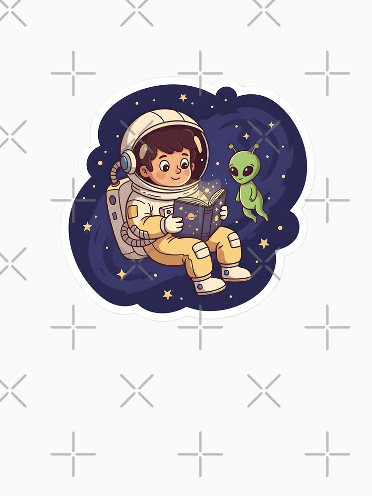 Cozy Retro Space Explorer Sticker - Astronaut with Book & Alien Friend by StickyGuys