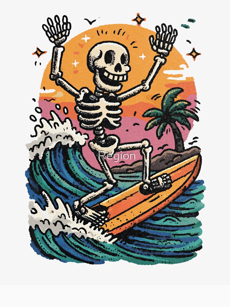 Funny Skeleton Surfing Beach Summer Ocean Waves Retro Sunset by Region