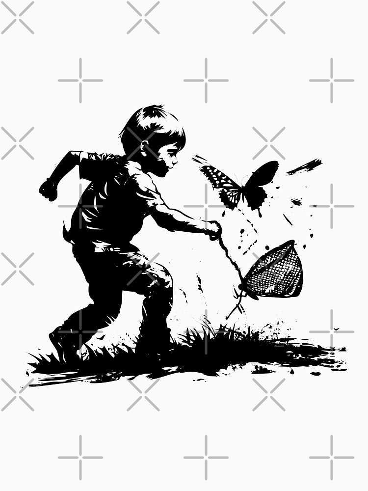 Boy Chasing Butterfly – Whimsical Childhood Silhouette Illustration by inkoutninja