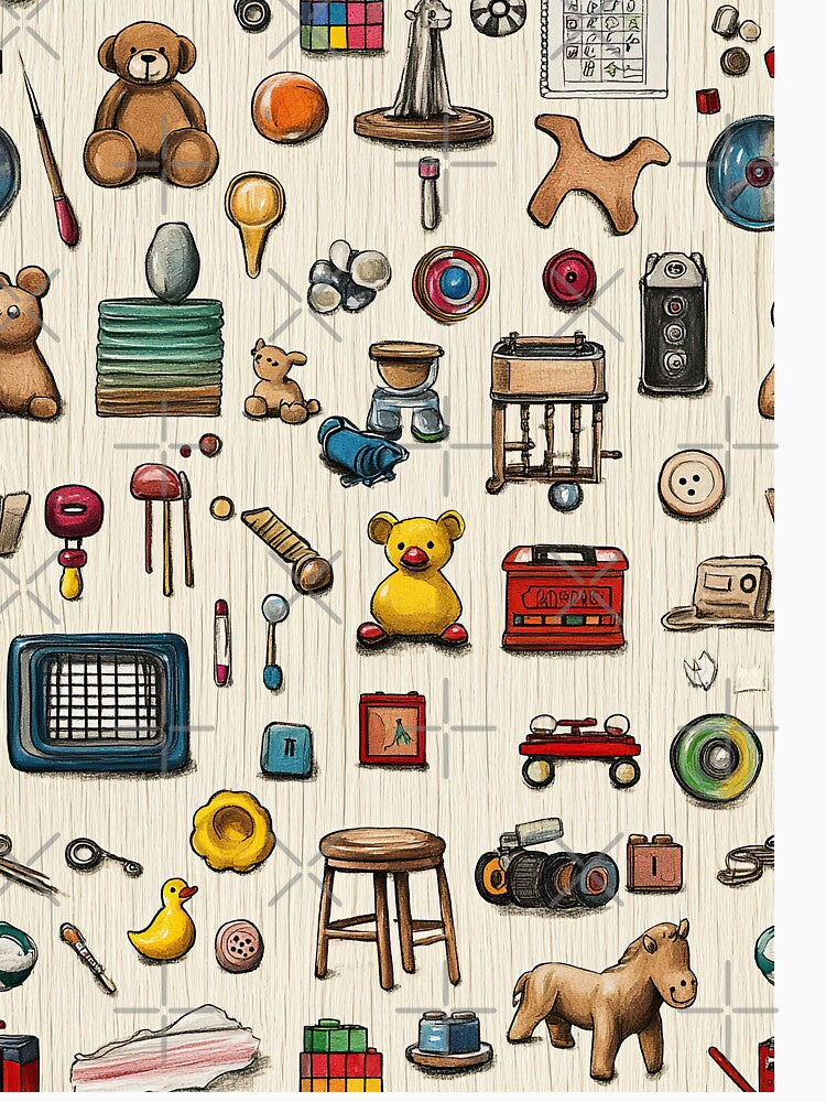 Pastel Toy Arrangement on Wooden Texture Background by Piotrek0001