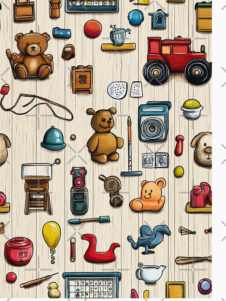 Childhood Toys Scattered on Light Wooden Background by Piotrek0001