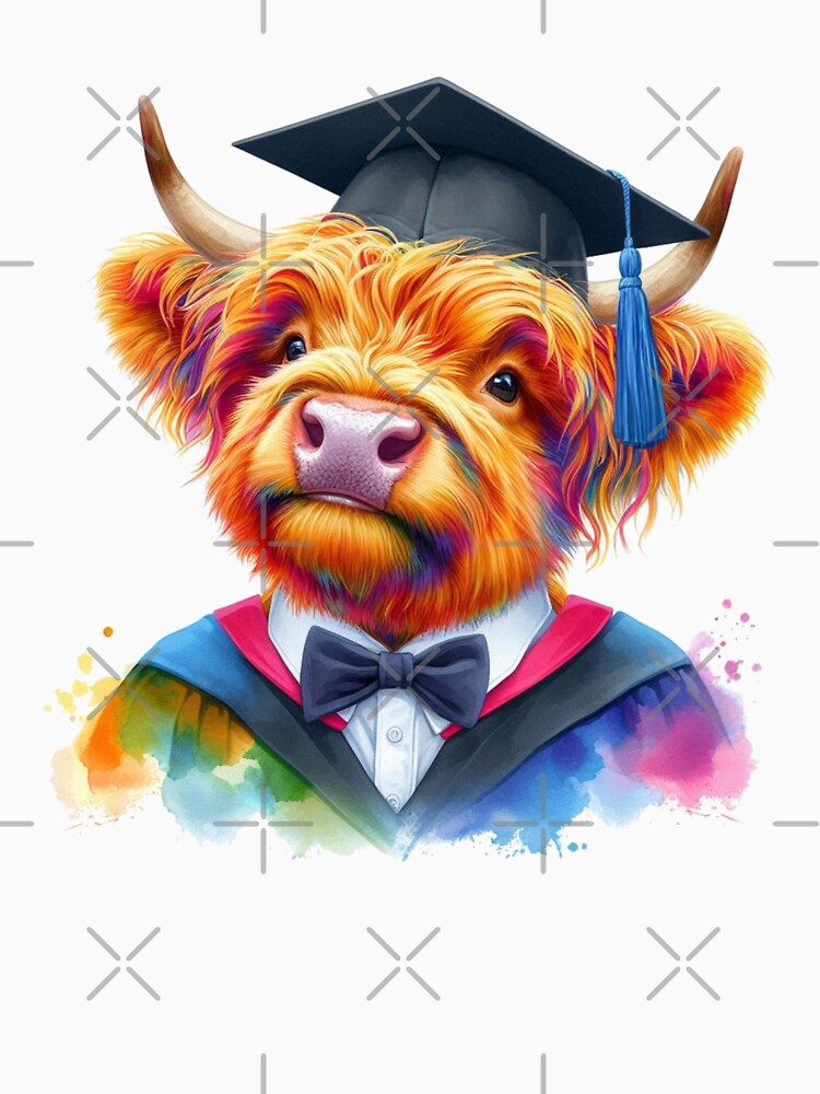 Cute Scottish Highland Cow Calf Graduation Colorful Watercolor by MaedK