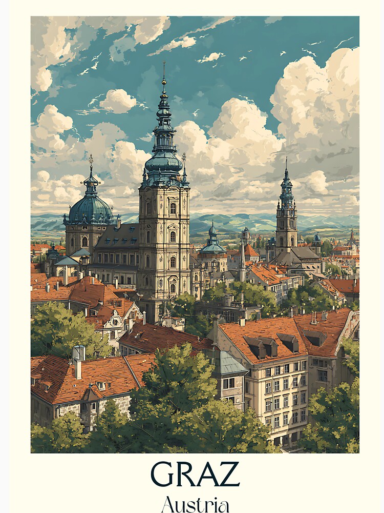 Graz Austria Vintage Travel Poster - UNESCO Historic Cityscape by TuncGK