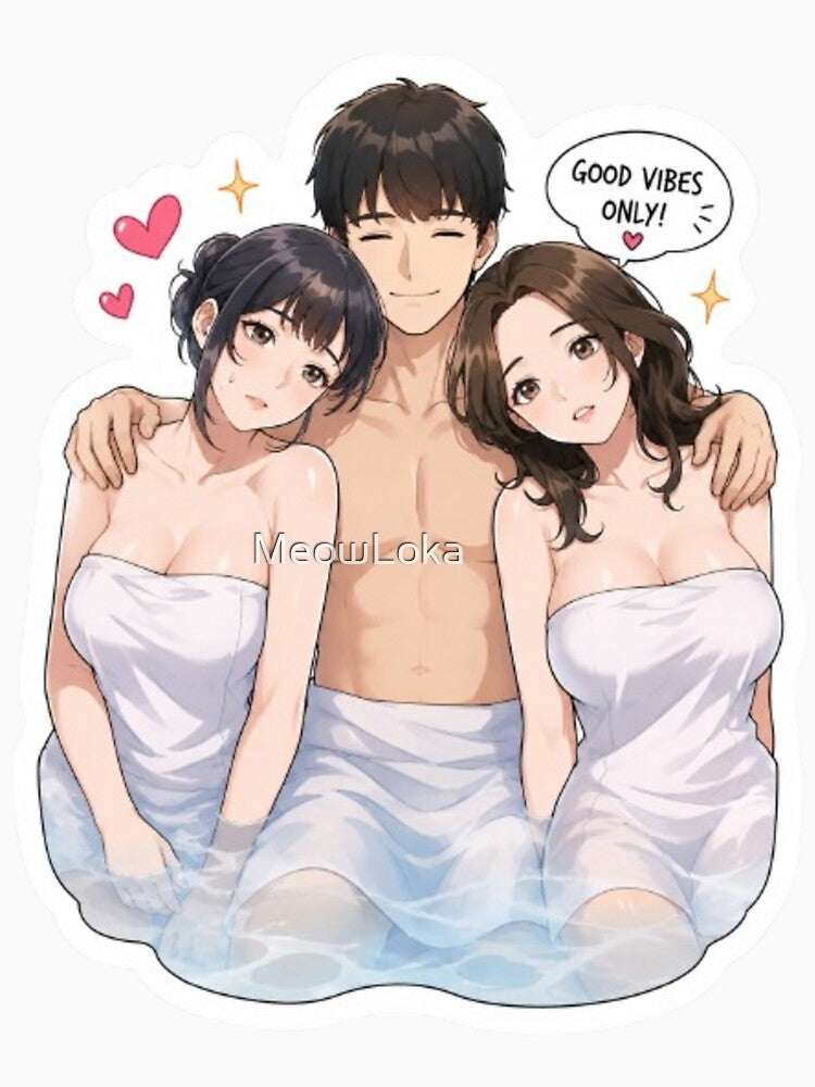 Cute Anime Spa Friends Sticker – Relaxing Hot Spring Vibes by MeowLoka ⭐⭐⭐⭐