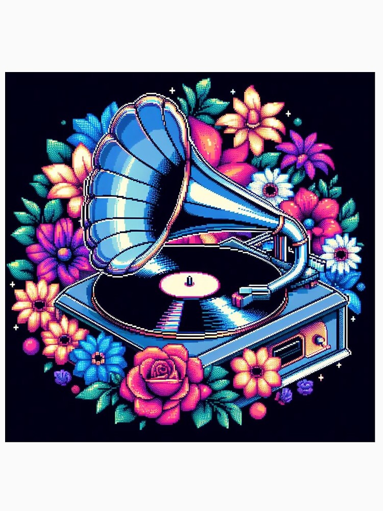 Gramophone Pixel Art with flowers and music by DakaPixelArt