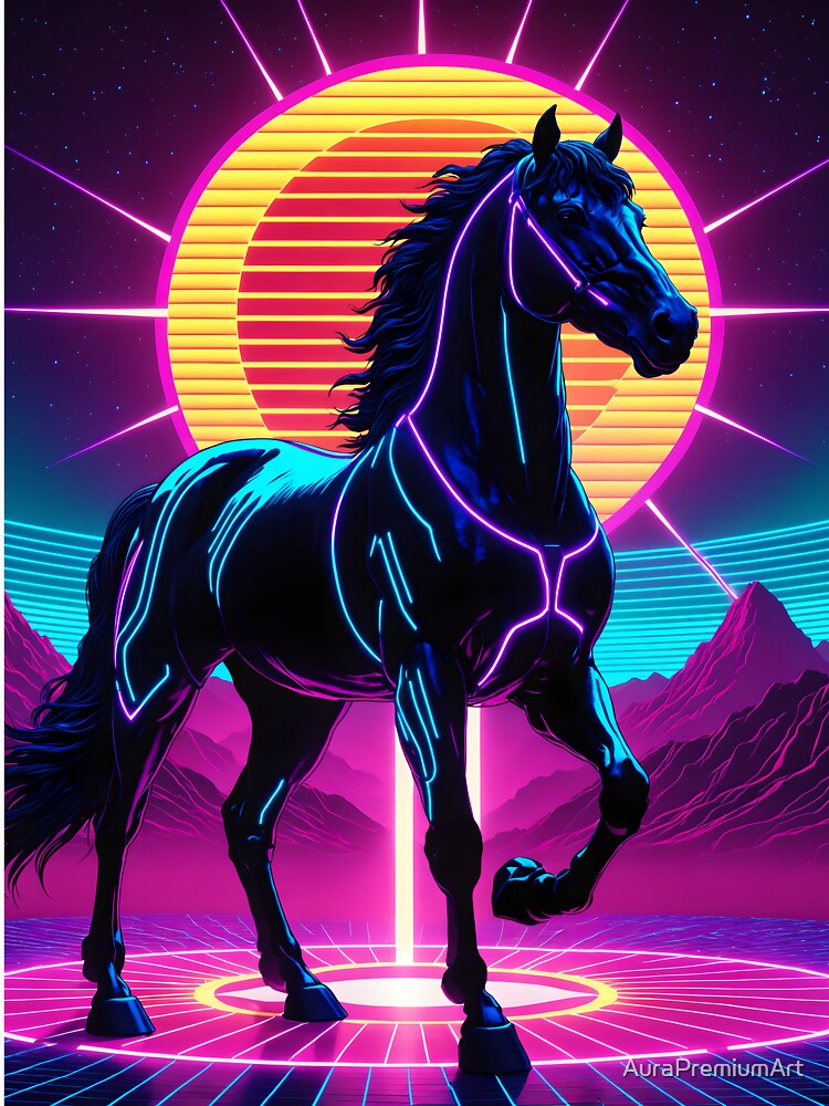 80s Retro Synthwave Neon Fire Horse Sunset by AuraPremiumArt
