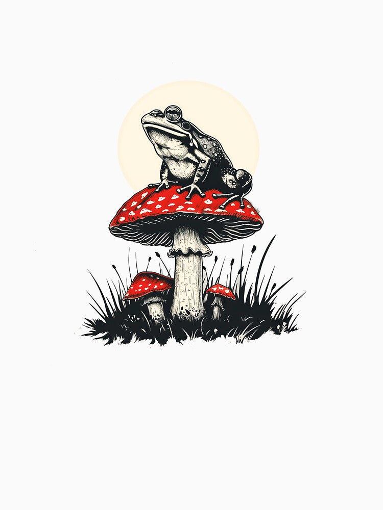 Frog on a mushroom Amanita muscaria retro cute by KateEbony