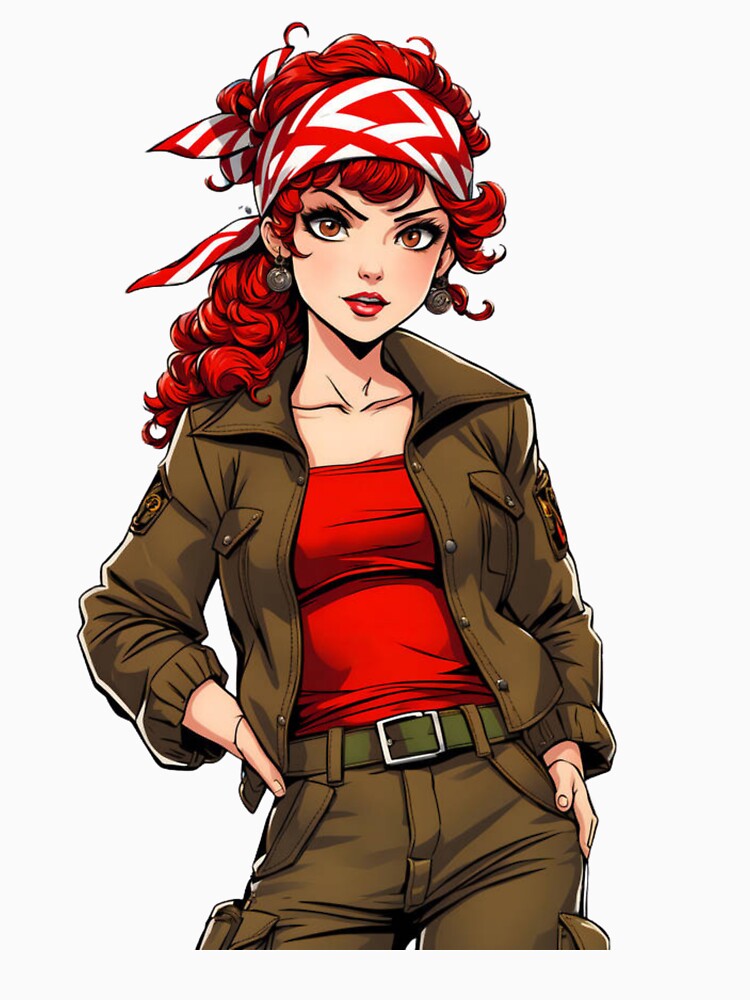 Confident red-haired woman wearing explorer outfit with bold determined expression by XuxuKemaik