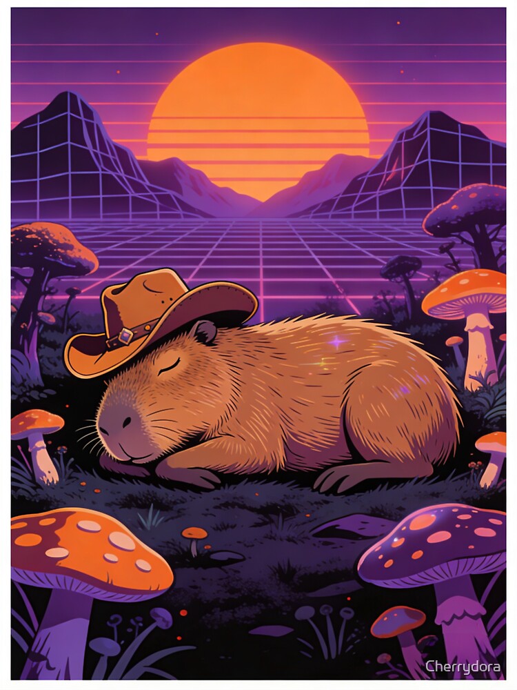 Synthwave Capybara Dream | Retro 80s Grid Sunset Cowboy Aesthetic by Cherrydora