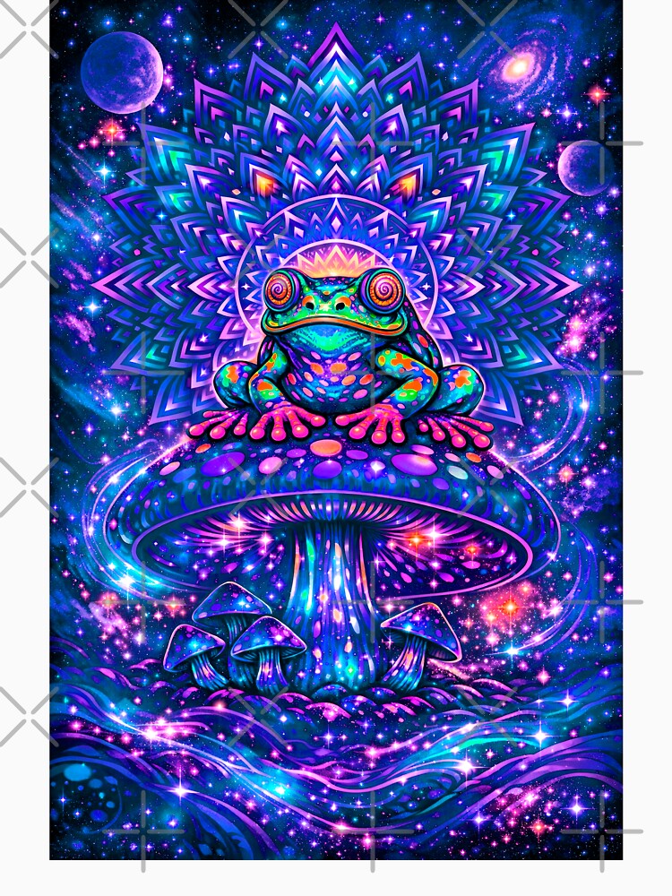 Trippy Cosmic Frog on Magic Mushroom – Psychedelic Mandala Galaxy Frog Art by RustedToad