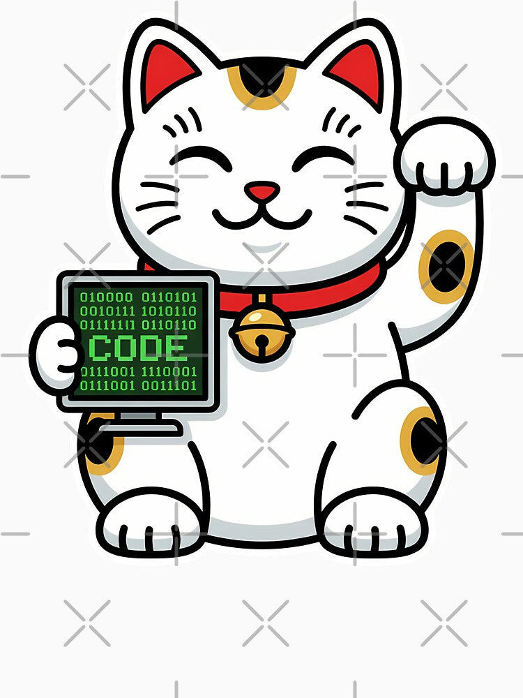 Code Binary Maneki Neko Cute Cartoon Graphic for Tech Professionals by chattsuede